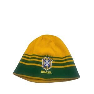 Vintage Brasil Beanie Hat Green Yellow Striped Knit Winter Cap Brazil